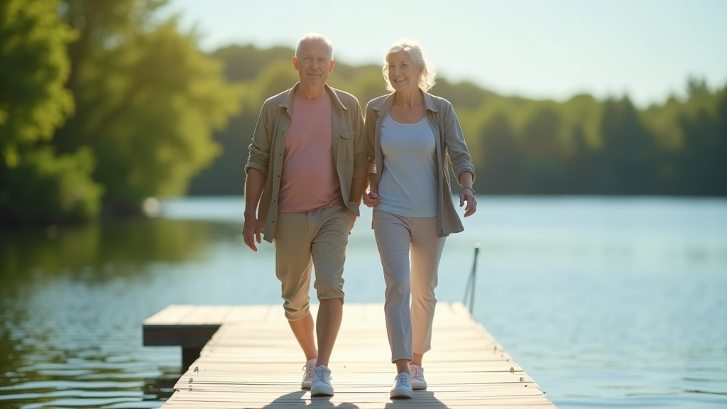 Seniorzy spacerujący po drewnianym pomoście nad jeziorem Niegocin, słoneczny dzień, widok na wodę i las