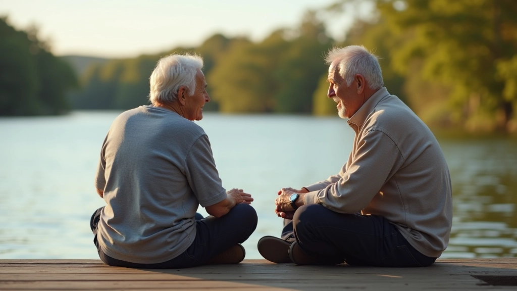 Seniorzy na pomoście, rozmawiający i uśmiechający się, naturalny krajobraz jeziora w tle